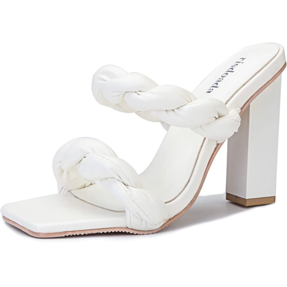 New risdoada Women's Block Chunky Heels Sandals Braided Square Toe Mules